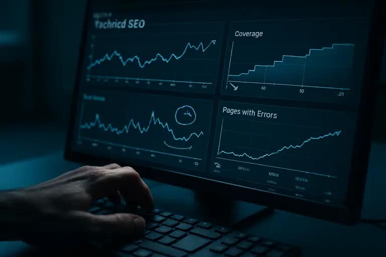 Technical SEO audit screen showing crawl status, schema, and page intent groups