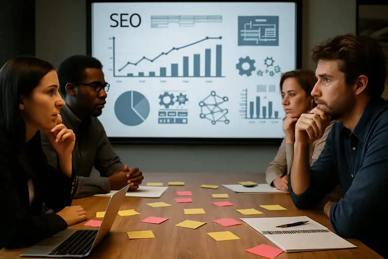 SEO team reviewing AI usage metrics on multiple monitors