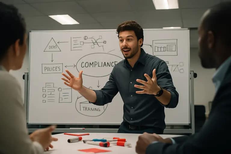 Analyst reviewing infrastructure compliance notes on a laptop