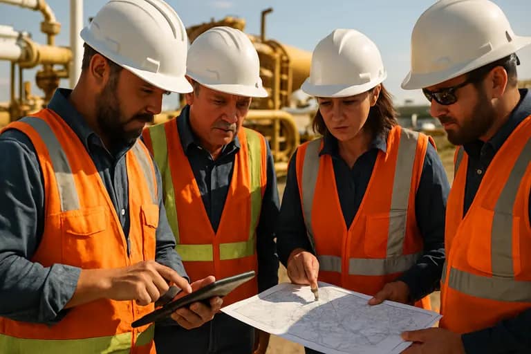 Rural water treatment facility with maintenance staff inspecting equipment
