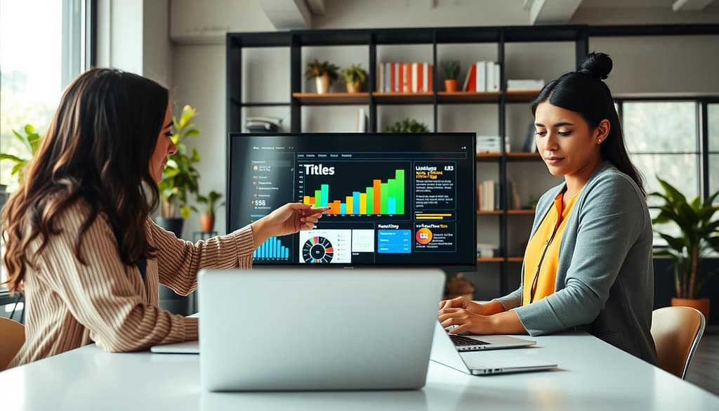 A modern office setting with a large digital screen displaying vibrant graphs and charts. In the foreground, a diverse team of three professionals—one Caucasian woman, one Black man, and one Hispanic woman—are engaged in a discussion, analyzing data on their laptops. The woman points to a colorful infographic illustrating updated titles and meta tags, while the man takes notes. The background shows shelves filled with books and plants, creating a welcoming atmosphere. Soft, natural light floods the room through large windows, casting a warm glow. The camera is positioned at eye level, capturing the teamwork and focus of the group, evoking a sense of collaboration and innovation in digital marketing strategies. A modern office setting with a large digital screen displaying vibrant graphs and charts. In the foreground, a diverse team of three professionals—one Caucasian woman, one Black man, and one Hispanic woman—are engaged in a discussion, analyzing data on their laptops. The woman points to a colorful infographic illustrating updated titles and meta tags, while the man takes notes. The background shows shelves filled with books and plants, creating a welcoming atmosphere. Soft, natural light floods the room through large windows, casting a warm glow. The camera is positioned at eye level, capturing the teamwork and focus of the group, evoking a sense of collaboration and innovation in digital marketing strategies.