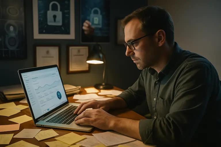 Content strategist mapping technical cybersecurity topics on a whiteboard