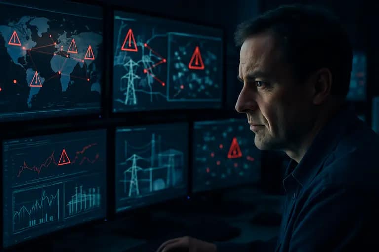 Cybersecurity analyst monitoring utility network activity in an operations room