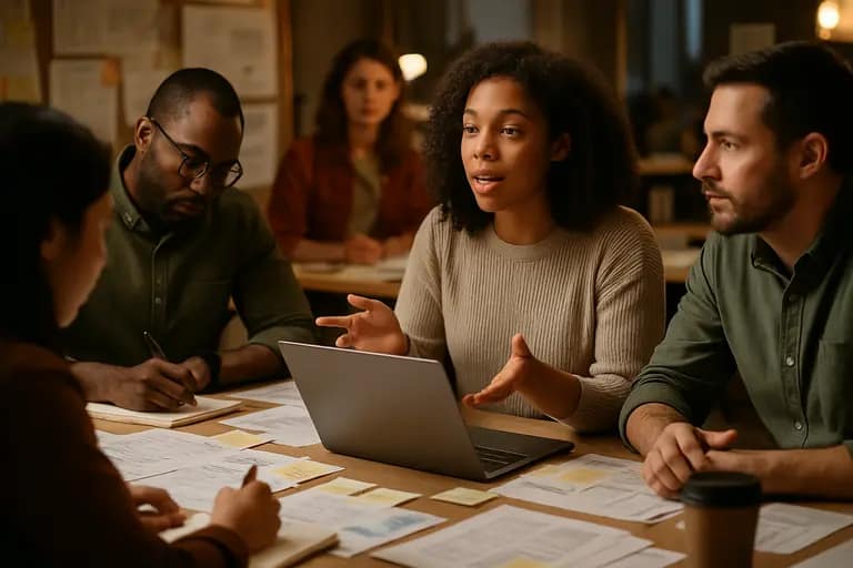 Editorial team organizing AI risk notes on a conference table