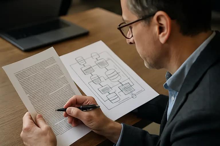 Editor reviewing legal notes and infrastructure diagrams