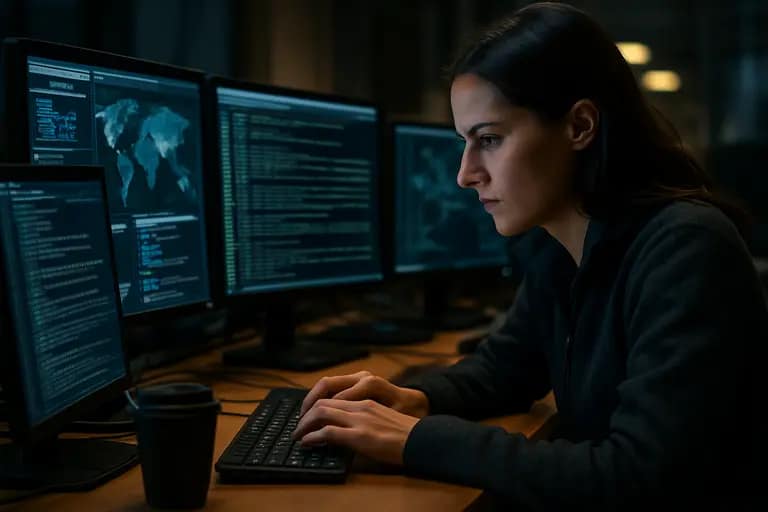 Security analyst reviewing event logs and infrastructure diagrams on multiple screens