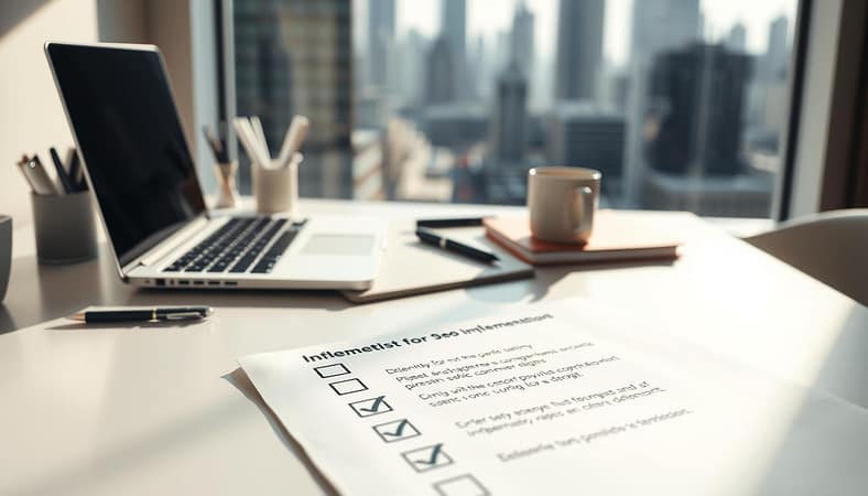 A clean, minimalist desk with a laptop, notebook, and various office supplies neatly arranged. Soft, directional lighting illuminates the scene, casting subtle shadows. In the foreground, a checklist with checkboxes and bullet points details key SEO implementation steps. The background features a blurred cityscape, conveying a sense of productivity and focus amidst the bustling urban environment. The overall atmosphere is one of organized efficiency, reflecting the purpose of the "Checklist for Implementation" section. A clean, minimalist desk with a laptop, notebook, and various office supplies neatly arranged. Soft, directional lighting illuminates the scene, casting subtle shadows. In the foreground, a checklist with checkboxes and bullet points details key SEO implementation steps. The background features a blurred cityscape, conveying a sense of productivity and focus amidst the bustling urban environment. The overall atmosphere is one of organized efficiency, reflecting the purpose of the "Checklist for Implementation" section.