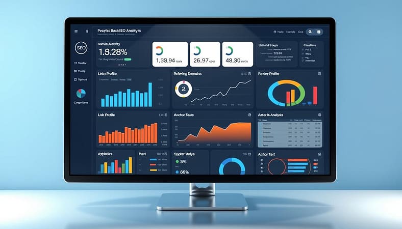 A high-resolution, detailed digital illustration of a comprehensive SEO backlinks analysis dashboard. The foreground depicts a modern, minimalist user interface with charts, graphs, and data visualizations showcasing key backlink metrics such as domain authority, referring domains, link profile, and anchor text analysis. The middle ground features a 3D model of a computer monitor, creating a sense of depth and realism. The background is a soft, blurred gradient in shades of blue, conveying a sense of professionalism and technical expertise. The lighting is natural, with subtle shadows and highlights to accentuate the sleek, user-friendly design. The overall mood is one of data-driven insights and a deep understanding of off-page SEO factors. A high-resolution, detailed digital illustration of a comprehensive SEO backlinks analysis dashboard. The foreground depicts a modern, minimalist user interface with charts, graphs, and data visualizations showcasing key backlink metrics such as domain authority, referring domains, link profile, and anchor text analysis. The middle ground features a 3D model of a computer monitor, creating a sense of depth and realism. The background is a soft, blurred gradient in shades of blue, conveying a sense of professionalism and technical expertise. The lighting is natural, with subtle shadows and highlights to accentuate the sleek, user-friendly design. The overall mood is one of data-driven insights and a deep understanding of off-page SEO factors.