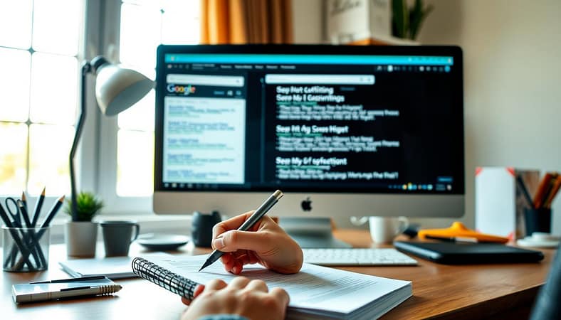 A serene, well-lit office scene with a desk, computer, and various office supplies. In the foreground, a hand is writing detailed notes on a notepad, illustrating the process of crafting compelling meta descriptions. The computer screen displays a search engine results page, highlighting the importance of optimized meta descriptions for visibility and click-through rates. The background features a large window, allowing natural light to filter in and create a warm, productive atmosphere. The overall scene conveys the thoughtful, strategic approach to meta description optimization for SEO success. A serene, well-lit office scene with a desk, computer, and various office supplies. In the foreground, a hand is writing detailed notes on a notepad, illustrating the process of crafting compelling meta descriptions. The computer screen displays a search engine results page, highlighting the importance of optimized meta descriptions for visibility and click-through rates. The background features a large window, allowing natural light to filter in and create a warm, productive atmosphere. The overall scene conveys the thoughtful, strategic approach to meta description optimization for SEO success.