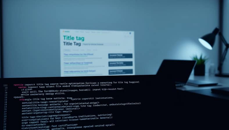 A sleek, modern web page with a prominent title tag optimization section. The foreground features various HTML tags and code snippets, cleanly arranged to showcase best practices for title tag optimization. The middle ground showcases a search engine results page (SERP) with optimized title tags displayed prominently. The background depicts a minimalist office setting, with a laptop, desk accessories, and subtle lighting to convey a professional, productive atmosphere. The overall mood is one of informative clarity, guiding the viewer through effective title tag optimization techniques. A sleek, modern web page with a prominent title tag optimization section. The foreground features various HTML tags and code snippets, cleanly arranged to showcase best practices for title tag optimization. The middle ground showcases a search engine results page (SERP) with optimized title tags displayed prominently. The background depicts a minimalist office setting, with a laptop, desk accessories, and subtle lighting to convey a professional, productive atmosphere. The overall mood is one of informative clarity, guiding the viewer through effective title tag optimization techniques.