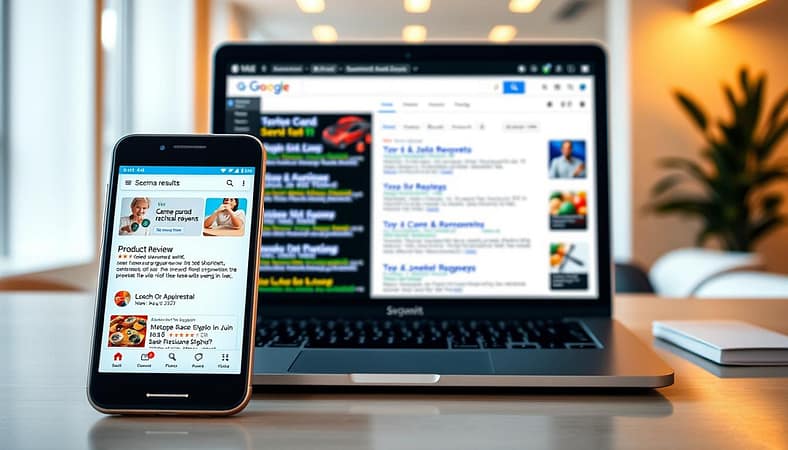 Schema rich results examples depicting a vibrant and informative interface. In the foreground, a sleek smartphone screen showcases various schema-powered rich results, such as a recipe card, a product review, and a location-based business listing. The middle ground features a laptop displaying a search engine results page with additional schema-enhanced snippets. In the background, a clean and modern office environment sets the scene, conveying the professional and practical application of schema markup. Warm lighting and clean lines create a visually appealing and informative composition. Schema rich results examples depicting a vibrant and informative interface. In the foreground, a sleek smartphone screen showcases various schema-powered rich results, such as a recipe card, a product review, and a location-based business listing. The middle ground features a laptop displaying a search engine results page with additional schema-enhanced snippets. In the background, a clean and modern office environment sets the scene, conveying the professional and practical application of schema markup. Warm lighting and clean lines create a visually appealing and informative composition.