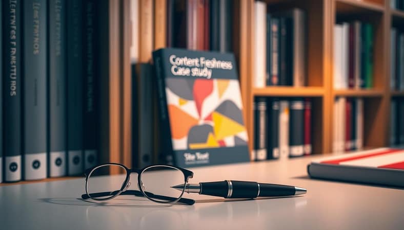 A neatly organized bookshelf showcases a content freshness case study, its spine prominently displayed. The bookshelf is illuminated by warm, directional lighting, casting subtle shadows that add depth and dimension. The case study's cover features a vibrant, abstract design, hinting at the insights within. In the foreground, a pair of reading glasses and a stylish fountain pen rest on a clean, minimalist desk, suggesting an intellectual, thoughtful atmosphere. The background blurs softly, focusing the viewer's attention on the central subject. This visually striking composition captures the essence of the "Content Clustering Explained" article's "Case Study: Clustering in Action" section. A neatly organized bookshelf showcases a content freshness case study, its spine prominently displayed. The bookshelf is illuminated by warm, directional lighting, casting subtle shadows that add depth and dimension. The case study's cover features a vibrant, abstract design, hinting at the insights within. In the foreground, a pair of reading glasses and a stylish fountain pen rest on a clean, minimalist desk, suggesting an intellectual, thoughtful atmosphere. The background blurs softly, focusing the viewer's attention on the central subject. This visually striking composition captures the essence of the "Content Clustering Explained" article's "Case Study: Clustering in Action" section.