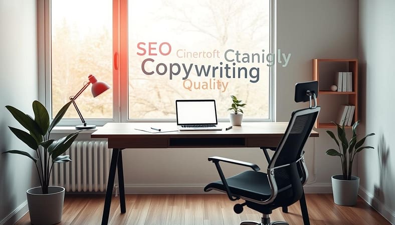 A serene home office with a minimalist desk and ergonomic chair. On the desk, a laptop, a pen and paper, and a potted plant symbolizing content originality. Floating above, words like "SEO", "Copywriting", and "Quality" are artfully arranged, illuminated by soft, natural lighting filtering through a large window. The overall atmosphere exudes focus, creativity, and the pursuit of high-quality digital content. A serene home office with a minimalist desk and ergonomic chair. On the desk, a laptop, a pen and paper, and a potted plant symbolizing content originality. Floating above, words like "SEO", "Copywriting", and "Quality" are artfully arranged, illuminated by soft, natural lighting filtering through a large window. The overall atmosphere exudes focus, creativity, and the pursuit of high-quality digital content.