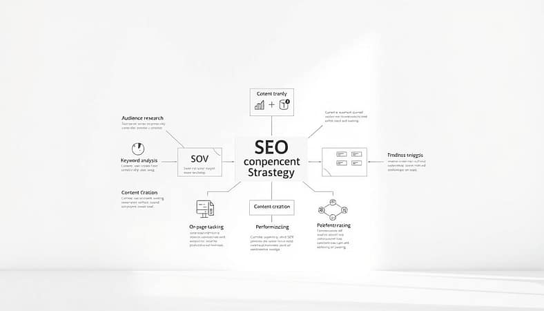 A comprehensive SEO content strategy diagram against a clean, minimalist background. In the foreground, a neatly organized flowchart depicting the key elements: audience research, keyword analysis, content creation, on-page optimization, and performance tracking. The middle ground showcases visual aids like icons and data visualizations to illustrate the interconnected nature of these steps. The background has a soft, subtle gradient providing depth and focus to the central diagram. Crisp, high-resolution rendering with natural lighting and a slightly wide-angle camera lens to capture the entire layout in detail. The overall mood is one of clarity, professionalism, and strategic planning, suitable for guiding SEO beginners through the essential components of a content strategy. A comprehensive SEO content strategy diagram against a clean, minimalist background. In the foreground, a neatly organized flowchart depicting the key elements: audience research, keyword analysis, content creation, on-page optimization, and performance tracking. The middle ground showcases visual aids like icons and data visualizations to illustrate the interconnected nature of these steps. The background has a soft, subtle gradient providing depth and focus to the central diagram. Crisp, high-resolution rendering with natural lighting and a slightly wide-angle camera lens to capture the entire layout in detail. The overall mood is one of clarity, professionalism, and strategic planning, suitable for guiding SEO beginners through the essential components of a content strategy.