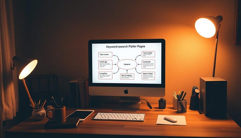 A dimly lit room with a wooden desk, a desktop computer, and various office supplies arranged neatly. On the screen, a diagram illustrates the steps of keyword research for pillar pages - topic clusters, content gap analysis, competitor research, and search intent mapping. Soft, warm lighting casts a cozy glow, creating a contemplative atmosphere for strategic SEO planning. The scene conveys a sense of focus and thoughtfulness in the process of building effective pillar pages to boost organic visibility. A dimly lit room with a wooden desk, a desktop computer, and various office supplies arranged neatly. On the screen, a diagram illustrates the steps of keyword research for pillar pages - topic clusters, content gap analysis, competitor research, and search intent mapping. Soft, warm lighting casts a cozy glow, creating a contemplative atmosphere for strategic SEO planning. The scene conveys a sense of focus and thoughtfulness in the process of building effective pillar pages to boost organic visibility.
