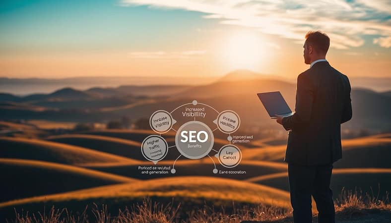 A serene landscape with rolling hills, a clear blue sky, and a warm, golden-hour lighting. In the foreground, a businessman stands contemplatively, laptop in hand, as he gazes out over the scene. The middle ground features a stylized infographic, conveying the key benefits of SEO - increased visibility, higher traffic, and improved lead generation. In the background, a city skyline emerges, symbolizing the tangible, real-world impacts of a well-executed SEO strategy. The overall mood is one of contemplation and enlightenment, inviting the viewer to consider the realities and rewards of Search Engine Optimization. A serene landscape with rolling hills, a clear blue sky, and a warm, golden-hour lighting. In the foreground, a businessman stands contemplatively, laptop in hand, as he gazes out over the scene. The middle ground features a stylized infographic, conveying the key benefits of SEO - increased visibility, higher traffic, and improved lead generation. In the background, a city skyline emerges, symbolizing the tangible, real-world impacts of a well-executed SEO strategy. The overall mood is one of contemplation and enlightenment, inviting the viewer to consider the realities and rewards of Search Engine Optimization.