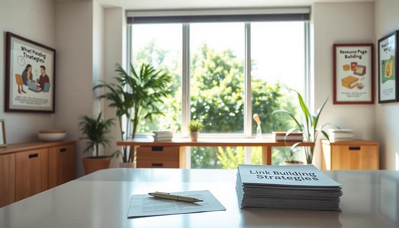 A serene office setting with a bright, airy atmosphere. In the foreground, a well-lit desk with a laptop, pen, and a stack of papers labeled "Link Building Strategies". In the middle ground, a large window overlooking a lush, green garden, letting in natural light. On the walls, framed illustrations depicting various white hat link building tactics, such as guest posting, broken link building, and resource page link building. The overall mood is one of focus, productivity, and a commitment to ethical, sustainable link building practices. A serene office setting with a bright, airy atmosphere. In the foreground, a well-lit desk with a laptop, pen, and a stack of papers labeled "Link Building Strategies". In the middle ground, a large window overlooking a lush, green garden, letting in natural light. On the walls, framed illustrations depicting various white hat link building tactics, such as guest posting, broken link building, and resource page link building. The overall mood is one of focus, productivity, and a commitment to ethical, sustainable link building practices.