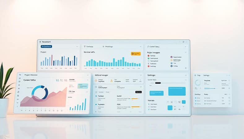 A sleek, modern dashboard showcasing a variety of content strategy tools. In the foreground, elegant data visualizations and analytics panels display key metrics like website traffic, content performance, and user engagement. The middle ground features intuitive project management interfaces, editorial calendars, and collaborative workspaces. In the background, a minimalist interface with customizable widgets, integrations, and settings for fine-tuning the content workflow. Soft lighting casts a warm glow, creating a professional, yet accessible atmosphere. The overall impression is one of a powerful, yet streamlined system for managing content strategically. A sleek, modern dashboard showcasing a variety of content strategy tools. In the foreground, elegant data visualizations and analytics panels display key metrics like website traffic, content performance, and user engagement. The middle ground features intuitive project management interfaces, editorial calendars, and collaborative workspaces. In the background, a minimalist interface with customizable widgets, integrations, and settings for fine-tuning the content workflow. Soft lighting casts a warm glow, creating a professional, yet accessible atmosphere. The overall impression is one of a powerful, yet streamlined system for managing content strategically.
