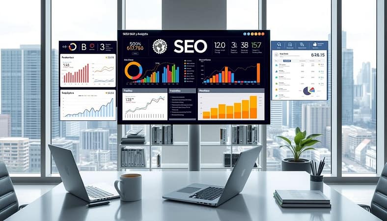 A sleek, modern office setting with a large monitor displaying various SEO analytics and metrics. In the foreground, a desk with a laptop, coffee mug, and a few well-organized office supplies. The middle ground features a stylish bookshelf with SEO-related books and resources. The background showcases floor-to-ceiling windows, letting in natural light and offering a view of a bustling city skyline. The overall atmosphere is one of productivity, efficiency, and a focus on the latest SEO best practices. A sleek, modern office setting with a large monitor displaying various SEO analytics and metrics. In the foreground, a desk with a laptop, coffee mug, and a few well-organized office supplies. The middle ground features a stylish bookshelf with SEO-related books and resources. The background showcases floor-to-ceiling windows, letting in natural light and offering a view of a bustling city skyline. The overall atmosphere is one of productivity, efficiency, and a focus on the latest SEO best practices.