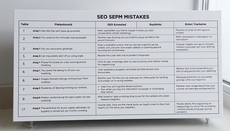 A well-lit, high-resolution table with a clean, minimalist design, showcasing a neatly organized list of common SEO mistakes. The table has a sleek, modern aesthetic, with a neutral color palette and simple lines. The mistakes are presented in a clear and concise manner, each with a brief explanation, making it easy for the viewer to quickly understand and identify the key areas to avoid. The table is positioned in a slightly elevated perspective, giving it a sense of authority and importance, reflecting the significance of the information it conveys. The overall mood is one of informative clarity, guiding the viewer towards a better understanding of SEO best practices. A well-lit, high-resolution table with a clean, minimalist design, showcasing a neatly organized list of common SEO mistakes. The table has a sleek, modern aesthetic, with a neutral color palette and simple lines. The mistakes are presented in a clear and concise manner, each with a brief explanation, making it easy for the viewer to quickly understand and identify the key areas to avoid. The table is positioned in a slightly elevated perspective, giving it a sense of authority and importance, reflecting the significance of the information it conveys. The overall mood is one of informative clarity, guiding the viewer towards a better understanding of SEO best practices.