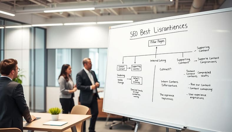 A well-lit, modern office setting with a large whiteboard in the foreground, showcasing a visual framework for SEO best practices in content organization. On the whiteboard, a clear hierarchy of elements is depicted, including pillar pages, supporting content clusters, internal linking, and user experience considerations. In the middle ground, a team of professionals in business casual attire is engaged in a collaborative discussion, referencing the whiteboard. The background features sleek, minimalist decor, suggesting a progressive, technology-driven workplace. The overall scene conveys a sense of strategic planning, attention to detail, and a focus on optimizing content for both search engines and user needs. A well-lit, modern office setting with a large whiteboard in the foreground, showcasing a visual framework for SEO best practices in content organization. On the whiteboard, a clear hierarchy of elements is depicted, including pillar pages, supporting content clusters, internal linking, and user experience considerations. In the middle ground, a team of professionals in business casual attire is engaged in a collaborative discussion, referencing the whiteboard. The background features sleek, minimalist decor, suggesting a progressive, technology-driven workplace. The overall scene conveys a sense of strategic planning, attention to detail, and a focus on optimizing content for both search engines and user needs.