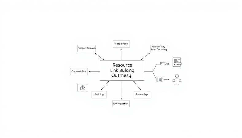 A detailed resource link building strategy diagram, showcased in a clean, minimalist style. The foreground features a central flow chart with various interconnected stages, such as "Prospect Research", "Outreach", "Relationship Building", and "Link Acquisition". The middle ground depicts simplified icons and visualizations to represent each stage, while the background maintains a neutral, light-toned canvas to allow the diagram to take center stage. The overall layout and design convey a sense of structure, efficiency, and strategic thinking, perfectly suited to illustrate the "Resource Page Outreach" section of the link building article. A detailed resource link building strategy diagram, showcased in a clean, minimalist style. The foreground features a central flow chart with various interconnected stages, such as "Prospect Research", "Outreach", "Relationship Building", and "Link Acquisition". The middle ground depicts simplified icons and visualizations to represent each stage, while the background maintains a neutral, light-toned canvas to allow the diagram to take center stage. The overall layout and design convey a sense of structure, efficiency, and strategic thinking, perfectly suited to illustrate the "Resource Page Outreach" section of the link building article.