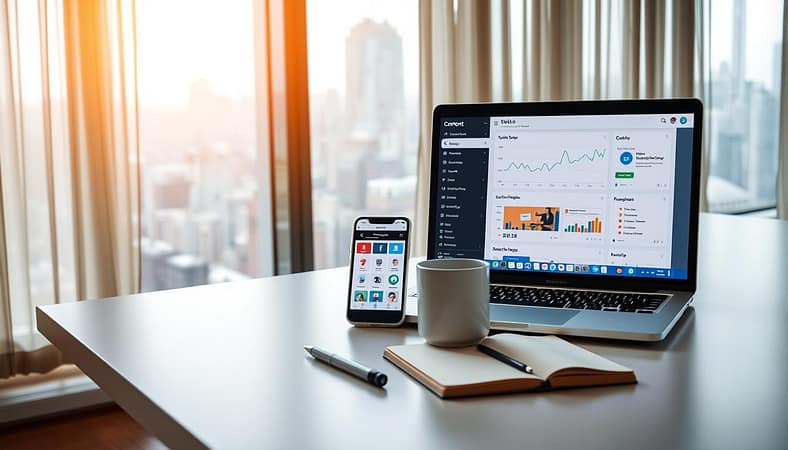 A modern workspace with a variety of content optimization tools arranged neatly on a sleek, minimalist desk. In the foreground, a laptop displays a dashboard of analytics, while beside it, a smartphone showcases various SEO and social media management apps. In the middle ground, a pen and notebook sit alongside a coffee mug, creating a productive, focused atmosphere. The background features a large window overlooking a bustling city skyline, bathed in warm, natural light that filters through sheer curtains. The overall scene conveys a sense of efficiency, organization, and the power of digital tools to optimize online content and drive success. A modern workspace with a variety of content optimization tools arranged neatly on a sleek, minimalist desk. In the foreground, a laptop displays a dashboard of analytics, while beside it, a smartphone showcases various SEO and social media management apps. In the middle ground, a pen and notebook sit alongside a coffee mug, creating a productive, focused atmosphere. The background features a large window overlooking a bustling city skyline, bathed in warm, natural light that filters through sheer curtains. The overall scene conveys a sense of efficiency, organization, and the power of digital tools to optimize online content and drive success.