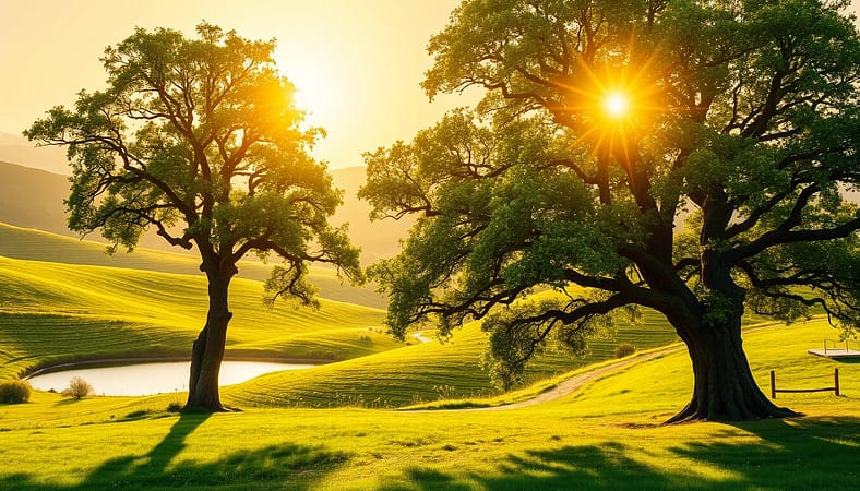 A serene, rolling green landscape under a warm, golden afternoon sun. In the foreground, a sturdy oak tree with lush foliage casts a gentle shadow. Nestled within its branches, a family of birds chirp happily. In the middle ground, a winding path leads to a tranquil pond, its surface reflecting the surrounding natural beauty. In the background, rolling hills dotted with wildflowers create a sense of balance and harmony. The overall atmosphere conveys a feeling of sustainability, growth, and long-term prosperity. A serene, rolling green landscape under a warm, golden afternoon sun. In the foreground, a sturdy oak tree with lush foliage casts a gentle shadow. Nestled within its branches, a family of birds chirp happily. In the middle ground, a winding path leads to a tranquil pond, its surface reflecting the surrounding natural beauty. In the background, rolling hills dotted with wildflowers create a sense of balance and harmony. The overall atmosphere conveys a feeling of sustainability, growth, and long-term prosperity.