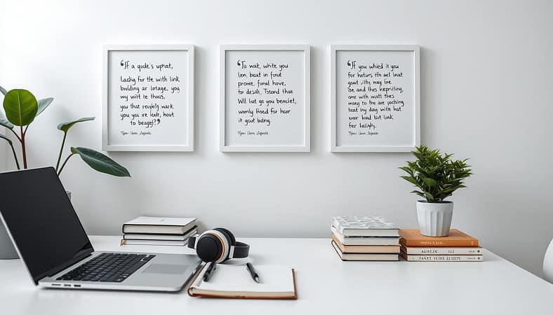 A tranquil white-themed office space, with a minimalist desk showcasing a laptop, notebook, and a cluster of stylish headphones. On the desk, a stack of hardcover books and a potted plant add a touch of nature. Soft, diffused lighting creates a calming atmosphere, as several framed testimonial cards are displayed on the wall behind the desk, their handwritten messages highlighting the benefits of the "white hat link building" service. The overall scene conveys a sense of professionalism, trustworthiness, and positive customer experiences. A tranquil white-themed office space, with a minimalist desk showcasing a laptop, notebook, and a cluster of stylish headphones. On the desk, a stack of hardcover books and a potted plant add a touch of nature. Soft, diffused lighting creates a calming atmosphere, as several framed testimonial cards are displayed on the wall behind the desk, their handwritten messages highlighting the benefits of the "white hat link building" service. The overall scene conveys a sense of professionalism, trustworthiness, and positive customer experiences.