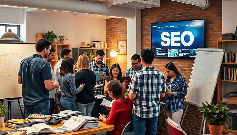 A vibrant and collaborative community of SEO enthusiasts gathered in a cozy, well-lit workspace. In the foreground, a group of people huddled around a large whiteboard, discussing strategies and sharing insights. The middle ground features individuals browsing through books, laptops, and digital resources, immersed in their learning journey. In the background, a wall-mounted display showcases the latest SEO industry news and trends, casting a warm glow across the room. The atmosphere is one of camaraderie, intellectual curiosity, and a shared passion for search engine optimization. A vibrant and collaborative community of SEO enthusiasts gathered in a cozy, well-lit workspace. In the foreground, a group of people huddled around a large whiteboard, discussing strategies and sharing insights. The middle ground features individuals browsing through books, laptops, and digital resources, immersed in their learning journey. In the background, a wall-mounted display showcases the latest SEO industry news and trends, casting a warm glow across the room. The atmosphere is one of camaraderie, intellectual curiosity, and a shared passion for search engine optimization.
