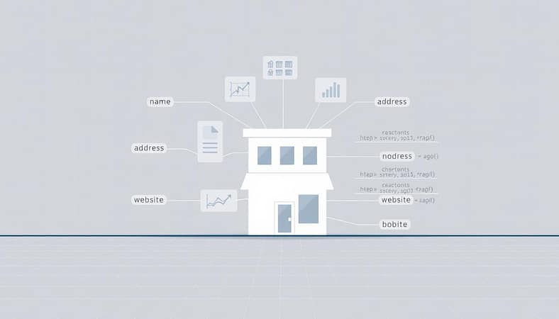 A clean, minimalist illustration depicting a local business schema markup structure. In the foreground, a simple building icon or silhouette representing a local business, with relevant schema properties like "name", "address", "phone", "website" displayed around it in a grid-like arrangement. The middle ground features abstract data visualizations, such as graphs, charts, or code snippets, showcasing the structured data and markup. The background contains a subtle grid or wireframe pattern, suggesting the technical, digital nature of the schema. The overall mood is informative and technical, with a focus on clearly communicating the schema markup concept for a local business. A clean, minimalist illustration depicting a local business schema markup structure. In the foreground, a simple building icon or silhouette representing a local business, with relevant schema properties like "name", "address", "phone", "website" displayed around it in a grid-like arrangement. The middle ground features abstract data visualizations, such as graphs, charts, or code snippets, showcasing the structured data and markup. The background contains a subtle grid or wireframe pattern, suggesting the technical, digital nature of the schema. The overall mood is informative and technical, with a focus on clearly communicating the schema markup concept for a local business.