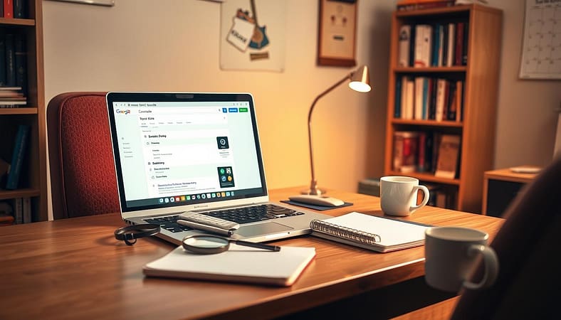 A cozy office setting with a desk, chair, and various SEO tools laid out neatly. On the desk, a laptop displays the Google Search Console interface, surrounded by a magnifying glass, a notebook, and a cup of coffee. The lighting is soft and warm, creating a productive and focused atmosphere. In the background, a bookshelf filled with SEO-related books and a wall calendar highlight the educational and informative nature of the scene. The overall composition conveys a sense of guidance and resources for beginners navigating the world of search engine optimization. A cozy office setting with a desk, chair, and various SEO tools laid out neatly. On the desk, a laptop displays the Google Search Console interface, surrounded by a magnifying glass, a notebook, and a cup of coffee. The lighting is soft and warm, creating a productive and focused atmosphere. In the background, a bookshelf filled with SEO-related books and a wall calendar highlight the educational and informative nature of the scene. The overall composition conveys a sense of guidance and resources for beginners navigating the world of search engine optimization.