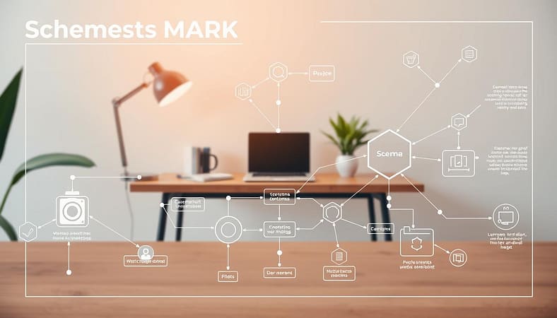A detailed, visually-striking schema markup guide depicted against a backdrop of a modern, minimalist workspace. The guide consists of a series of interconnected shapes and diagrams, meticulously crafted to illustrate the key components and structure of schema markup. The foreground features clean, high-contrast graphics with a subtle metallic sheen, while the middle ground showcases a sleek, minimalist desk setup with a laptop, stylish office supplies, and a potted plant. The background maintains a soft, muted palette, allowing the schema markup guide to take center stage and command attention. Warm, directional lighting from an unseen source casts gentle shadows, adding depth and dimension to the overall composition. A detailed, visually-striking schema markup guide depicted against a backdrop of a modern, minimalist workspace. The guide consists of a series of interconnected shapes and diagrams, meticulously crafted to illustrate the key components and structure of schema markup. The foreground features clean, high-contrast graphics with a subtle metallic sheen, while the middle ground showcases a sleek, minimalist desk setup with a laptop, stylish office supplies, and a potted plant. The background maintains a soft, muted palette, allowing the schema markup guide to take center stage and command attention. Warm, directional lighting from an unseen source casts gentle shadows, adding depth and dimension to the overall composition.