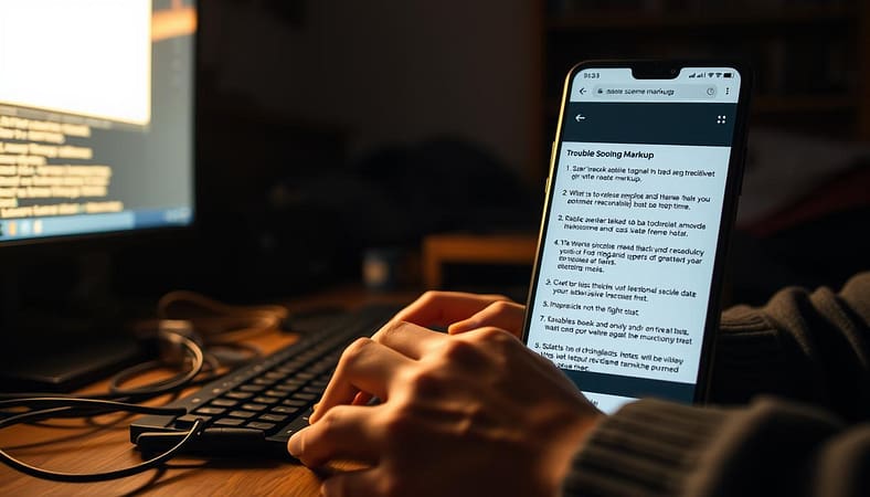 A dimly lit home office, the glow of a computer screen casting a warm hue. On the desk, a tangle of cables and a smartphone displaying troubleshooting steps for schema markup. In the foreground, a pair of hands typing intently, problem-solving with focus. The background is blurred, drawing the viewer's attention to the technical details at hand. The mood is one of concentration and determination, as the user works to optimize their website's structured data. A sense of subtle frustration, tempered by the satisfaction of making progress, permeates the scene. A dimly lit home office, the glow of a computer screen casting a warm hue. On the desk, a tangle of cables and a smartphone displaying troubleshooting steps for schema markup. In the foreground, a pair of hands typing intently, problem-solving with focus. The background is blurred, drawing the viewer's attention to the technical details at hand. The mood is one of concentration and determination, as the user works to optimize their website's structured data. A sense of subtle frustration, tempered by the satisfaction of making progress, permeates the scene.