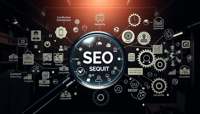 A highly detailed, technical diagram of the key components for an SEO site audit. In the foreground, a stylized magnifying glass hovers over a complex web of interconnected icons and visualizations, representing aspects like site structure, content optimization, technical SEO, link profile, and user experience. The middle ground features intricate gear mechanisms, data visualizations, and analytical tools, symbolizing the analytical and auditing processes. The background showcases a dimly lit, industrial-style environment with a sense of depth and shadow, adding a sophisticated, professional tone. Dramatic, high-contrast lighting accentuates the technical details and precision. The overall aesthetic conveys a comprehensive, data-driven approach to a comprehensive SEO site audit. A highly detailed, technical diagram of the key components for an SEO site audit. In the foreground, a stylized magnifying glass hovers over a complex web of interconnected icons and visualizations, representing aspects like site structure, content optimization, technical SEO, link profile, and user experience. The middle ground features intricate gear mechanisms, data visualizations, and analytical tools, symbolizing the analytical and auditing processes. The background showcases a dimly lit, industrial-style environment with a sense of depth and shadow, adding a sophisticated, professional tone. Dramatic, high-contrast lighting accentuates the technical details and precision. The overall aesthetic conveys a comprehensive, data-driven approach to a comprehensive SEO site audit.