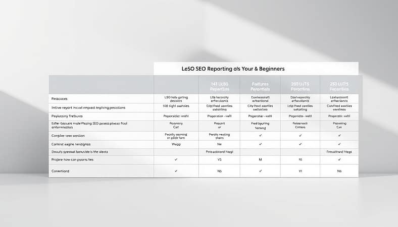 A neatly organized comparison table showcasing leading SEO reporting tools, displayed against a minimalist backdrop of gray and white tones. The table is captured in sharp focus, with clean lines and a sleek, modern aesthetic. Subtle lighting creates depth and highlights the key details of each tool's features, performance metrics, and pricing. The overall composition conveys a sense of professionalism and practicality, making it an ideal visual aid for a guide on choosing the right SEO tools for a beginner's needs. A neatly organized comparison table showcasing leading SEO reporting tools, displayed against a minimalist backdrop of gray and white tones. The table is captured in sharp focus, with clean lines and a sleek, modern aesthetic. Subtle lighting creates depth and highlights the key details of each tool's features, performance metrics, and pricing. The overall composition conveys a sense of professionalism and practicality, making it an ideal visual aid for a guide on choosing the right SEO tools for a beginner's needs.