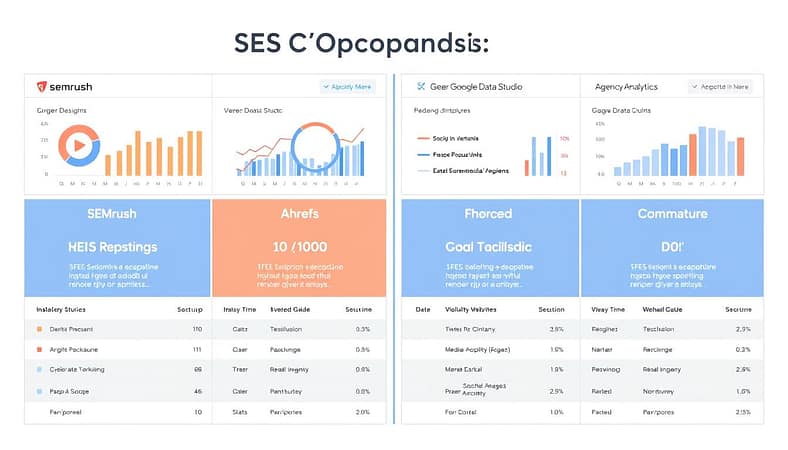 A sleek, minimalist dashboard interface displaying a side-by-side comparison of leading SEO reporting tools - SEMrush, Ahrefs, Google Data Studio, and AgencyAnalytics. The layout is clean and organized, with each tool's key metrics and features prominently displayed in a grid-like arrangement. The dashboard is bathed in a cool, neutral color palette, creating a professional, analytical atmosphere. Subtle data visualizations and infographics enhance the comparative analysis, allowing the user to quickly assess the strengths and capabilities of each platform. The overall scene conveys a sense of informed decision-making, guiding the viewer towards the optimal SEO reporting solution for their website. A sleek, minimalist dashboard interface displaying a side-by-side comparison of leading SEO reporting tools - SEMrush, Ahrefs, Google Data Studio, and AgencyAnalytics. The layout is clean and organized, with each tool's key metrics and features prominently displayed in a grid-like arrangement. The dashboard is bathed in a cool, neutral color palette, creating a professional, analytical atmosphere. Subtle data visualizations and infographics enhance the comparative analysis, allowing the user to quickly assess the strengths and capabilities of each platform. The overall scene conveys a sense of informed decision-making, guiding the viewer towards the optimal SEO reporting solution for their website.