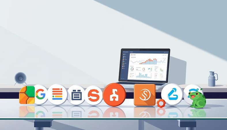 A stylized illustration of various technical SEO tools displayed on a sleek, minimalist workspace. In the foreground, an array of icons representing tools like Google Search Console, Ahrefs, Semrush, and Screaming Frog, arranged neatly on a glass desk. In the middle ground, a laptop displays a data visualization dashboard, showcasing website performance metrics and insights. The background features a subtle gradient wall, creating a sense of depth and professionalism. The lighting is soft and directional, casting gentle shadows and highlighting the tools' clean, modern design. The overall mood is one of efficiency, problem-solving, and a deep understanding of technical website optimization. A stylized illustration of various technical SEO tools displayed on a sleek, minimalist workspace. In the foreground, an array of icons representing tools like Google Search Console, Ahrefs, Semrush, and Screaming Frog, arranged neatly on a glass desk. In the middle ground, a laptop displays a data visualization dashboard, showcasing website performance metrics and insights. The background features a subtle gradient wall, creating a sense of depth and professionalism. The lighting is soft and directional, casting gentle shadows and highlighting the tools' clean, modern design. The overall mood is one of efficiency, problem-solving, and a deep understanding of technical website optimization.