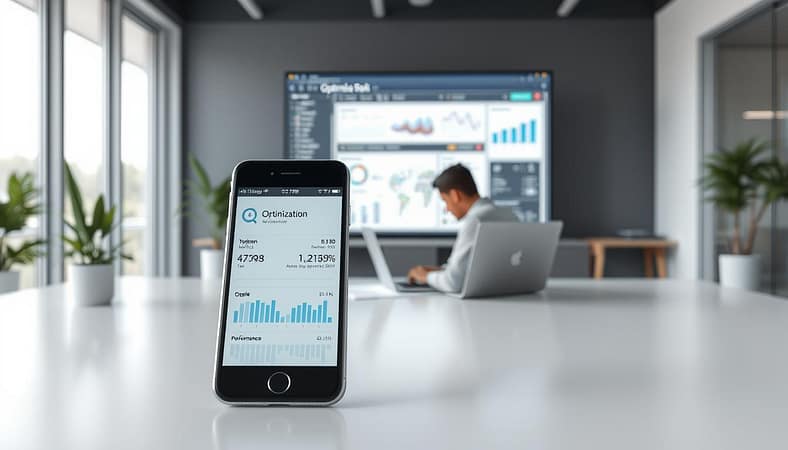 a professional 3D scene depicting mobile optimization techniques, set in a clean and modern office environment. In the foreground, a smartphone screen displays optimization metrics and performance data. In the middle ground, a person is analyzing the data on a laptop, surrounded by diagrams and wireframes. The background features a large monitor displaying a website optimization dashboard. The lighting is soft and diffused, creating a focused and productive atmosphere. The overall composition emphasizes the importance of mobile optimization in technical SEO. a professional 3D scene depicting mobile optimization techniques, set in a clean and modern office environment. In the foreground, a smartphone screen displays optimization metrics and performance data. In the middle ground, a person is analyzing the data on a laptop, surrounded by diagrams and wireframes. The background features a large monitor displaying a website optimization dashboard. The lighting is soft and diffused, creating a focused and productive atmosphere. The overall composition emphasizes the importance of mobile optimization in technical SEO.