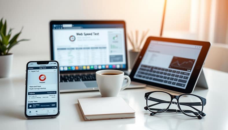 A close-up view of various web performance optimization tools neatly arranged on a clean, minimalist desk. The foreground showcases a smartphone, laptop, and tablet displaying web speed test results and optimization suggestions. The middle ground features a cup of coffee, a notebook, and a pair of stylish eyeglasses, creating a productive, focused atmosphere. The background is softly blurred, with a warm, natural lighting casting a subtle glow, emphasizing the tools' sleek, modern design. The overall impression conveys the efficiency and ease of using these page speed optimization tools to improve a website's performance and user experience. A close-up view of various web performance optimization tools neatly arranged on a clean, minimalist desk. The foreground showcases a smartphone, laptop, and tablet displaying web speed test results and optimization suggestions. The middle ground features a cup of coffee, a notebook, and a pair of stylish eyeglasses, creating a productive, focused atmosphere. The background is softly blurred, with a warm, natural lighting casting a subtle glow, emphasizing the tools' sleek, modern design. The overall impression conveys the efficiency and ease of using these page speed optimization tools to improve a website's performance and user experience.
