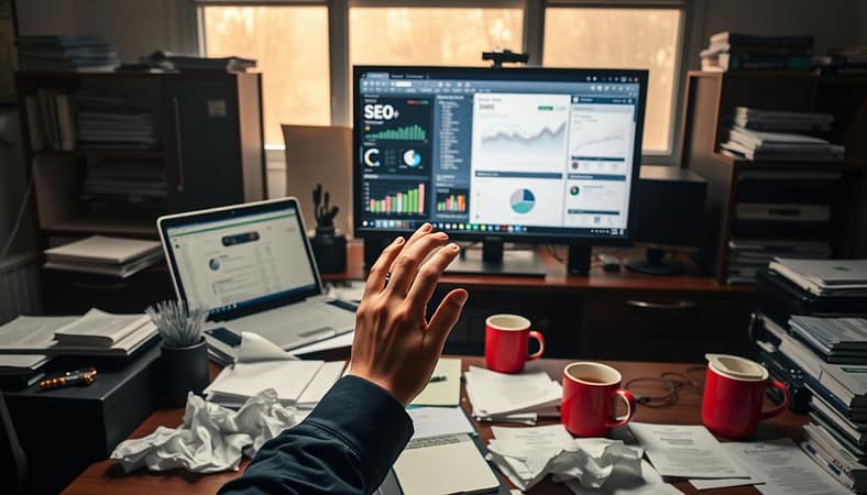 A dimly lit office space, with a cluttered desk featuring various SEO tools - keyword research software, website analytics dashboards, and digital marketing platforms. In the foreground, a person's hands are gesturing in frustration, surrounded by crumpled papers and empty coffee mugs, symbolizing the common pitfalls and challenges faced by SEO beginners. The middle ground showcases a large computer screen displaying complicated SEO metrics and data, conveying the overwhelming nature of these tools. The background is hazy, with a sense of isolation and uncertainty, underscoring the need for guidance and expertise in navigating the complexities of search engine optimization. A dimly lit office space, with a cluttered desk featuring various SEO tools - keyword research software, website analytics dashboards, and digital marketing platforms. In the foreground, a person's hands are gesturing in frustration, surrounded by crumpled papers and empty coffee mugs, symbolizing the common pitfalls and challenges faced by SEO beginners. The middle ground showcases a large computer screen displaying complicated SEO metrics and data, conveying the overwhelming nature of these tools. The background is hazy, with a sense of isolation and uncertainty, underscoring the need for guidance and expertise in navigating the complexities of search engine optimization.
