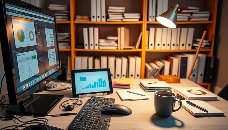 A neatly arranged workspace showcasing various technical SEO tools. In the foreground, a desktop computer displays SEO software interfaces, surrounded by strategically placed notebooks, cables, and a sleek mouse. The middle ground features a tactile keyboard, a tablet displaying website analytics, and a cup of coffee, creating a focused and efficient atmosphere. In the background, shelves hold reference books, technical manuals, and organized folders, conveying a sense of professionalism and expertise. Warm, directional lighting from a desk lamp casts a soft, productive glow over the scene, emphasizing the importance of these essential SEO tools. A neatly arranged workspace showcasing various technical SEO tools. In the foreground, a desktop computer displays SEO software interfaces, surrounded by strategically placed notebooks, cables, and a sleek mouse. The middle ground features a tactile keyboard, a tablet displaying website analytics, and a cup of coffee, creating a focused and efficient atmosphere. In the background, shelves hold reference books, technical manuals, and organized folders, conveying a sense of professionalism and expertise. Warm, directional lighting from a desk lamp casts a soft, productive glow over the scene, emphasizing the importance of these essential SEO tools.