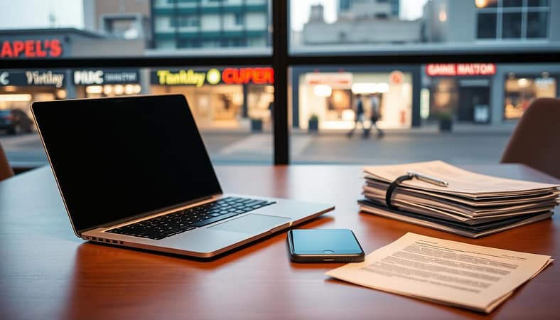 A neatly organized office desk with a laptop, smartphone, and stack of papers, representing the management of local business citations and online reviews. The lighting is warm and slightly soft, creating a professional yet approachable atmosphere. In the background, a city skyline with storefronts and signage can be seen through a window, emphasizing the local focus. The composition is balanced, with the desk items in the foreground and the cityscape in the middle ground, conveying the dual importance of managing both online and offline business presence. A neatly organized office desk with a laptop, smartphone, and stack of papers, representing the management of local business citations and online reviews. The lighting is warm and slightly soft, creating a professional yet approachable atmosphere. In the background, a city skyline with storefronts and signage can be seen through a window, emphasizing the local focus. The composition is balanced, with the desk items in the foreground and the cityscape in the middle ground, conveying the dual importance of managing both online and offline business presence.