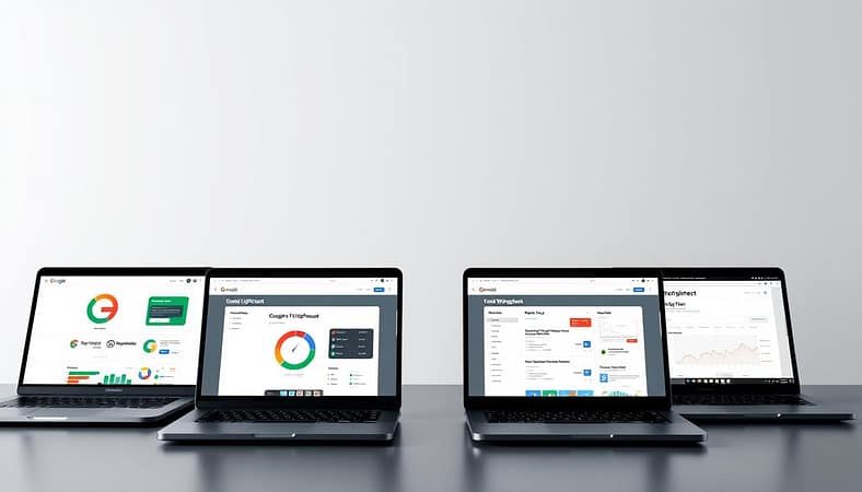 A sleek, minimalist composition showcasing a comparison of popular website speed test tools. In the foreground, four laptop screens display the user interfaces of Google Lighthouse, GTmetrix, Pingdom, and WebPageTest, arranged neatly side by side. The screens are rendered in high-detail, capturing the distinctive design elements and data visualizations of each tool. The middle ground features a clean, white-and-gray geometric backdrop, hinting at the technical nature of the subject matter. Soft, directional lighting casts subtle shadows, creating depth and emphasizing the tools' displays. The overall mood is professional, informative, and visually striking, perfectly suited to illustrate a section on page speed optimization tools. A sleek, minimalist composition showcasing a comparison of popular website speed test tools. In the foreground, four laptop screens display the user interfaces of Google Lighthouse, GTmetrix, Pingdom, and WebPageTest, arranged neatly side by side. The screens are rendered in high-detail, capturing the distinctive design elements and data visualizations of each tool. The middle ground features a clean, white-and-gray geometric backdrop, hinting at the technical nature of the subject matter. Soft, directional lighting casts subtle shadows, creating depth and emphasizing the tools' displays. The overall mood is professional, informative, and visually striking, perfectly suited to illustrate a section on page speed optimization tools.