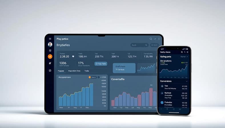 A sleek, modern mobile analytics dashboard set against a minimalist, clean background. The display shows key performance metrics, such as user engagement, traffic sources, and conversion rates, presented in a clear and visually appealing manner. The dashboard features a responsive, intuitive layout optimized for mobile devices, with smooth transitions and subtle animations. Soft, directional lighting accentuates the crisp, high-resolution graphs and charts, creating a sense of depth and professionalism. The overall tone is one of efficiency, data-driven insights, and a seamless user experience - exactly what a website owner would need to measure the success of their mobile optimization efforts. A sleek, modern mobile analytics dashboard set against a minimalist, clean background. The display shows key performance metrics, such as user engagement, traffic sources, and conversion rates, presented in a clear and visually appealing manner. The dashboard features a responsive, intuitive layout optimized for mobile devices, with smooth transitions and subtle animations. Soft, directional lighting accentuates the crisp, high-resolution graphs and charts, creating a sense of depth and professionalism. The overall tone is one of efficiency, data-driven insights, and a seamless user experience - exactly what a website owner would need to measure the success of their mobile optimization efforts.