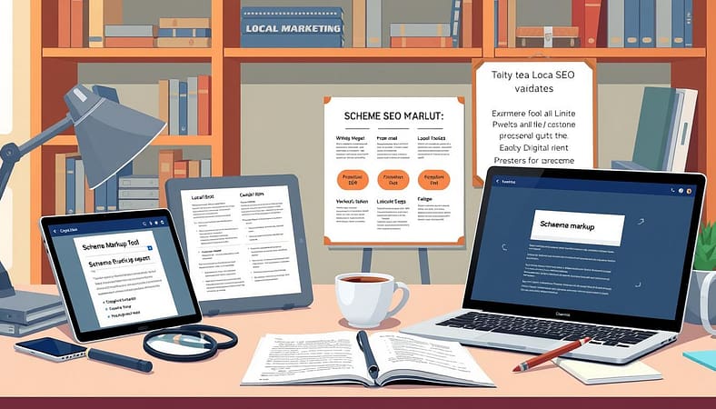 A well-lit, detailed illustration of a desk setup showcasing various local SEO tools and a schema markup guide. In the foreground, an open laptop displays a schema markup validation tool, surrounded by a magnifying glass, a smartphone, and a printed schema cheatsheet. In the middle ground, a tablet displays a local SEO audit report, flanked by a cup of coffee and a notebook with handwritten notes. In the background, shelves hold books on digital marketing and a framed poster highlighting best practices for schema implementation. The overall scene conveys a sense of productivity, research, and a commitment to optimizing a website's local visibility and structured data. A well-lit, detailed illustration of a desk setup showcasing various local SEO tools and a schema markup guide. In the foreground, an open laptop displays a schema markup validation tool, surrounded by a magnifying glass, a smartphone, and a printed schema cheatsheet. In the middle ground, a tablet displays a local SEO audit report, flanked by a cup of coffee and a notebook with handwritten notes. In the background, shelves hold books on digital marketing and a framed poster highlighting best practices for schema implementation. The overall scene conveys a sense of productivity, research, and a commitment to optimizing a website's local visibility and structured data.