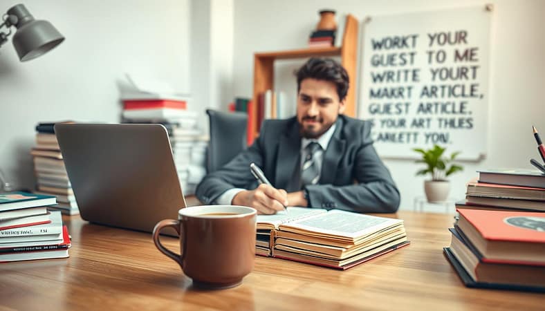 A creative workspace scene depicting a professional individual, dressed in business attire, sitting at a desk with a laptop open, fully engaged in crafting a guest article pitch. In the foreground, there's a notepad filled with notes and a steaming cup of coffee. The middle layer features the person writing, with a thoughtful expression, surrounded by stacks of books about writing and marketing. The background showcases a well-organized bookshelf and a motivational poster about the writing process. Soft, natural lighting illuminates the space, creating an inviting atmosphere that encourages creativity and focus. Use a slightly angled perspective to enhance depth, emphasizing the act of writing and the elements that inspire a successful pitch. A creative workspace scene depicting a professional individual, dressed in business attire, sitting at a desk with a laptop open, fully engaged in crafting a guest article pitch. In the foreground, there's a notepad filled with notes and a steaming cup of coffee. The middle layer features the person writing, with a thoughtful expression, surrounded by stacks of books about writing and marketing. The background showcases a well-organized bookshelf and a motivational poster about the writing process. Soft, natural lighting illuminates the space, creating an inviting atmosphere that encourages creativity and focus. Use a slightly angled perspective to enhance depth, emphasizing the act of writing and the elements that inspire a successful pitch.