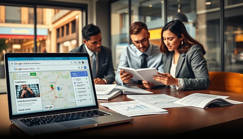 A digital workspace setting illustrating the concept of local SEO citations consistency. In the foreground, a laptop displays an open Google Maps interface with a highlighted local business listing, surrounded by papers with checklists and graphs showing citation accuracy. In the middle, a diverse group of three professionals in smart business attire collaborates around a table, analyzing data on a tablet and discussing strategies with focused expressions. In the background, a large window lets in warm natural light, illuminating a bustling city street with shopfronts, emphasizing community connections. The mood is professional yet dynamic, conveying a sense of teamwork and determination to enhance local visibility in search results. A digital workspace setting illustrating the concept of local SEO citations consistency. In the foreground, a laptop displays an open Google Maps interface with a highlighted local business listing, surrounded by papers with checklists and graphs showing citation accuracy. In the middle, a diverse group of three professionals in smart business attire collaborates around a table, analyzing data on a tablet and discussing strategies with focused expressions. In the background, a large window lets in warm natural light, illuminating a bustling city street with shopfronts, emphasizing community connections. The mood is professional yet dynamic, conveying a sense of teamwork and determination to enhance local visibility in search results.