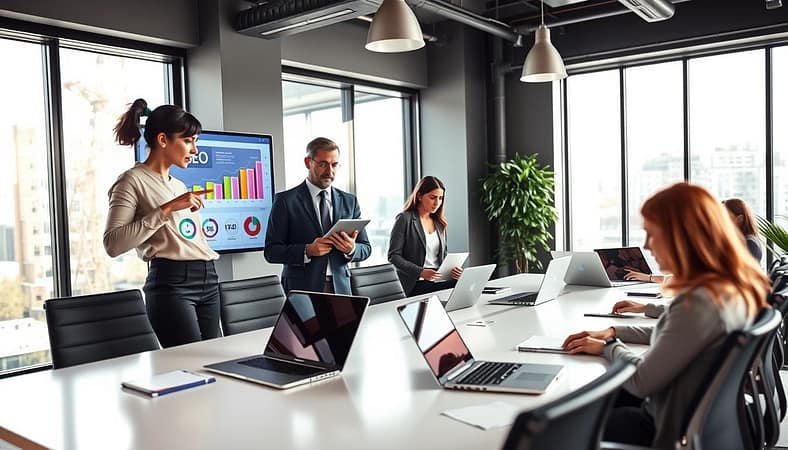 A professional office setting showcasing a diverse group of business professionals analyzing SEO metrics on modern devices. In the foreground, a focused woman in smart casual attire points to a colorful digital dashboard displaying graphs and key performance indicators. Beside her, a man wearing a suit discusses insights while holding a tablet. The middle ground features an array of laptops and notebooks scattered across a sleek conference table, emphasizing collaboration. In the background, large windows allow natural light to flood the room, creating a bright, inspiring atmosphere. The overall mood is one of engagement and teamwork, reflecting the process of measuring SEO progress and strategies for improvement. A professional office setting showcasing a diverse group of business professionals analyzing SEO metrics on modern devices. In the foreground, a focused woman in smart casual attire points to a colorful digital dashboard displaying graphs and key performance indicators. Beside her, a man wearing a suit discusses insights while holding a tablet. The middle ground features an array of laptops and notebooks scattered across a sleek conference table, emphasizing collaboration. In the background, large windows allow natural light to flood the room, creating a bright, inspiring atmosphere. The overall mood is one of engagement and teamwork, reflecting the process of measuring SEO progress and strategies for improvement.