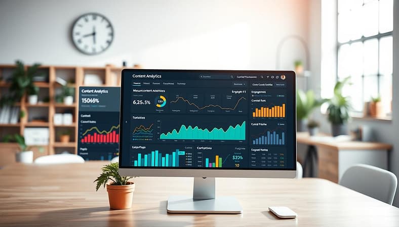 A sleek and modern website content analytics dashboard displayed on a computer screen. The foreground features colorful graphs and charts showing website traffic statistics, engagement metrics, and content performance. The middle layer captures a clean office environment with a wooden desk and a potted plant, adding a touch of nature. In the background, soft-focus elements of a well-organized workspace, including a wall clock and a large window with natural light flooding in. The scene is illuminated with bright but soft lighting, creating an inviting atmosphere. The mood conveys professionalism as well as a sense of clarity and insight into measuring content success, encouraging actionable decisions based on data. A sleek and modern website content analytics dashboard displayed on a computer screen. The foreground features colorful graphs and charts showing website traffic statistics, engagement metrics, and content performance. The middle layer captures a clean office environment with a wooden desk and a potted plant, adding a touch of nature. In the background, soft-focus elements of a well-organized workspace, including a wall clock and a large window with natural light flooding in. The scene is illuminated with bright but soft lighting, creating an inviting atmosphere. The mood conveys professionalism as well as a sense of clarity and insight into measuring content success, encouraging actionable decisions based on data.
